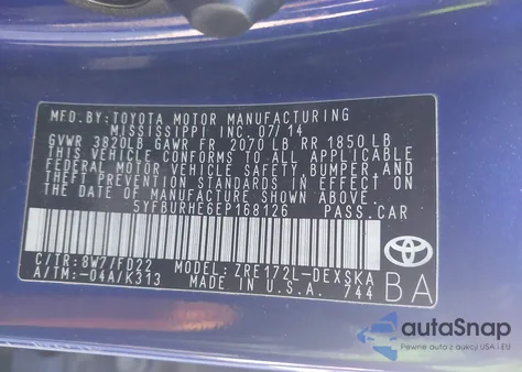 2014 Toyota Corolla S Plus from USA, damaged, VIN 5YFBURHE6EP168126